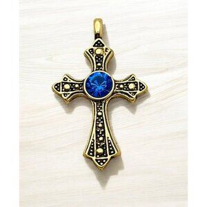 Elegant Gold Tone Cross Pendant with Blue Rhinestone Accent Christian Religious